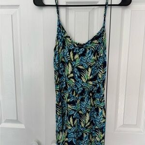 Tropical Print Spaghetti Strap romper in Navy & Teal